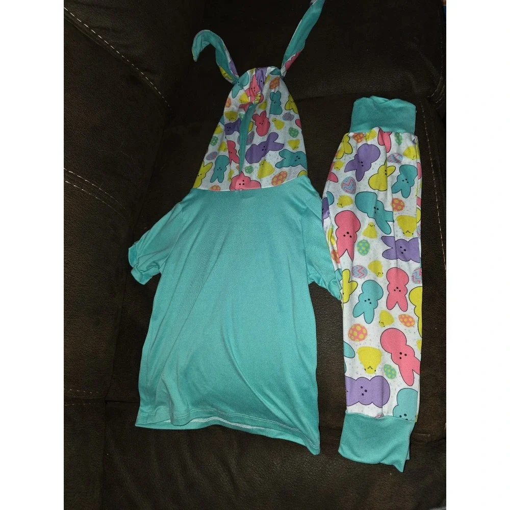 Two little owls boutique spring Easter peeps bunny hood top‎ size 3 leggings 2t